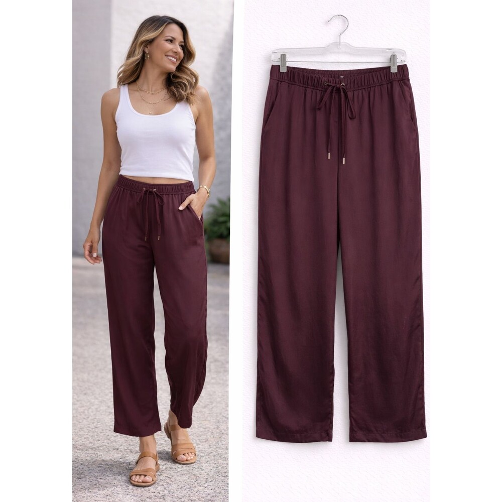 New H&M Concious Collection Satiny Wide Leg Pant Pants Size 12 Wine Drawstring - Picture 1 of 4